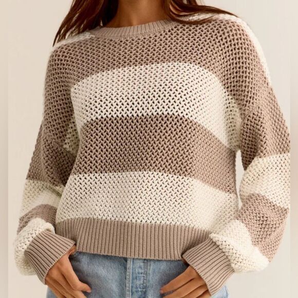 Z Supply Women’s Broadbeach Open Knit Crewneck Striped Cropped Neutral Sweater - Picture 1 of 10